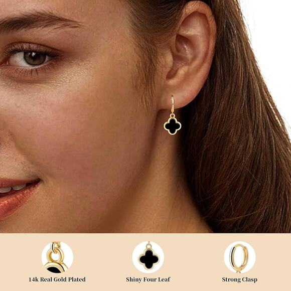 Four Leaf Clover Earrings Hoop Dangle 14K Gold Clover Earrings Non Tarnish Black - Picture 4 of 11